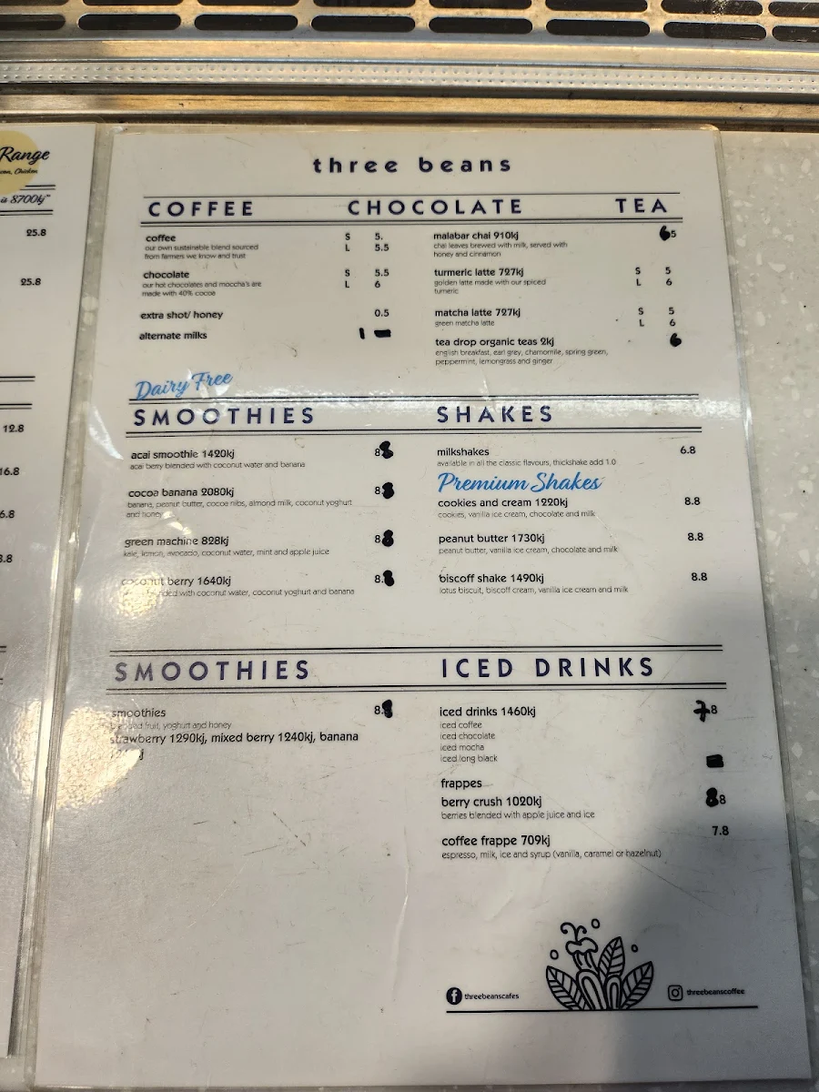 Menu, Three Beans Met Centre