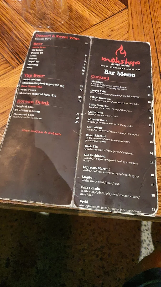 Menu, Mokshya Lounge and Bar