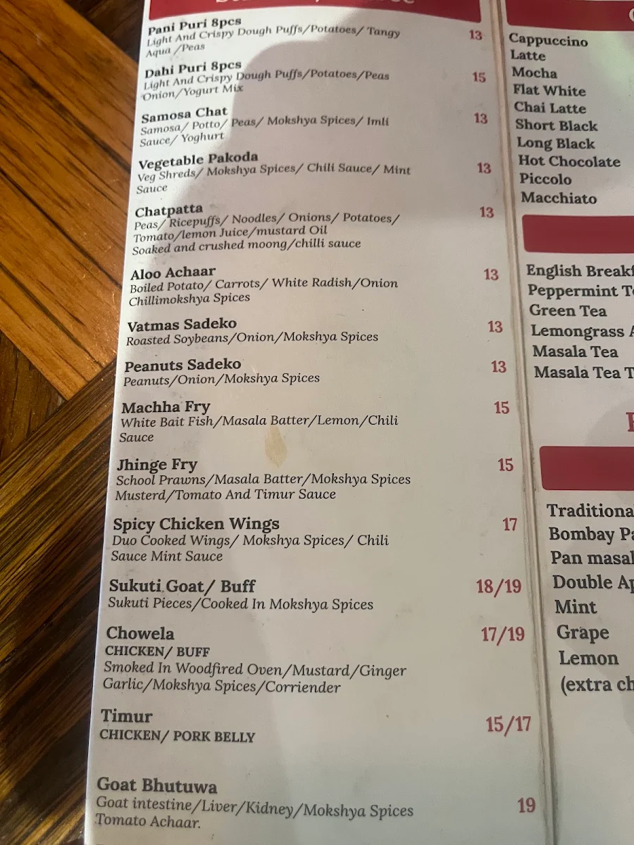 Menu, Mokshya Lounge and Bar