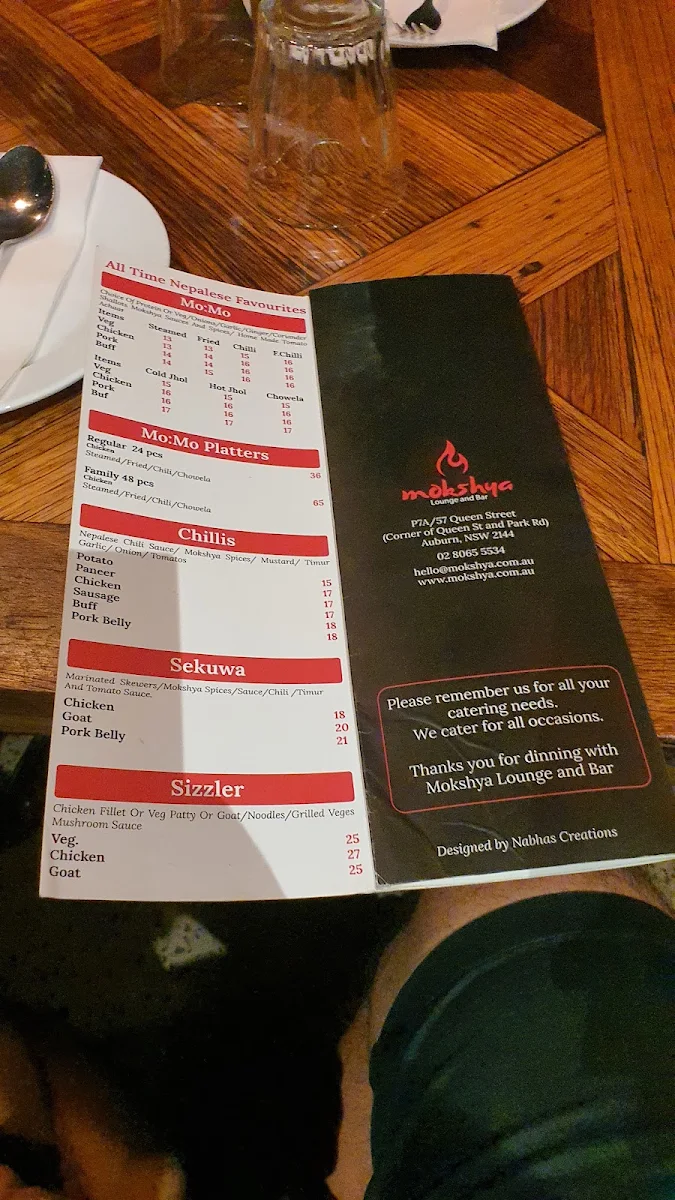 Menu, Mokshya Lounge and Bar