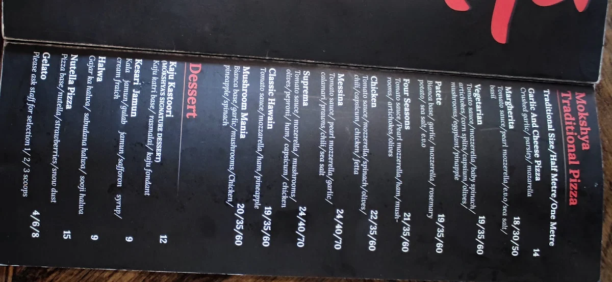 Menu, Mokshya Lounge and Bar