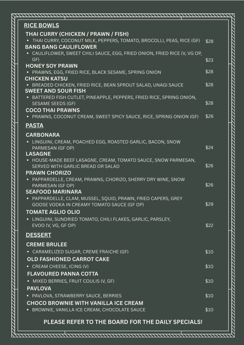 Menu, The Fairfield
