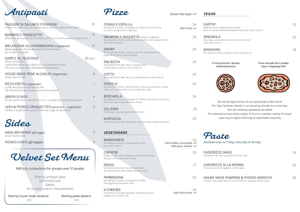 Menu, Blue Velvet Adelaide