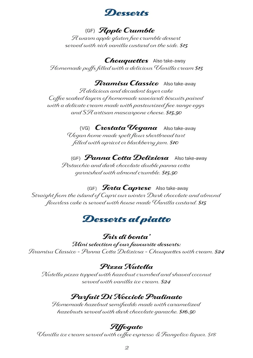 Menu, Blue Velvet Adelaide