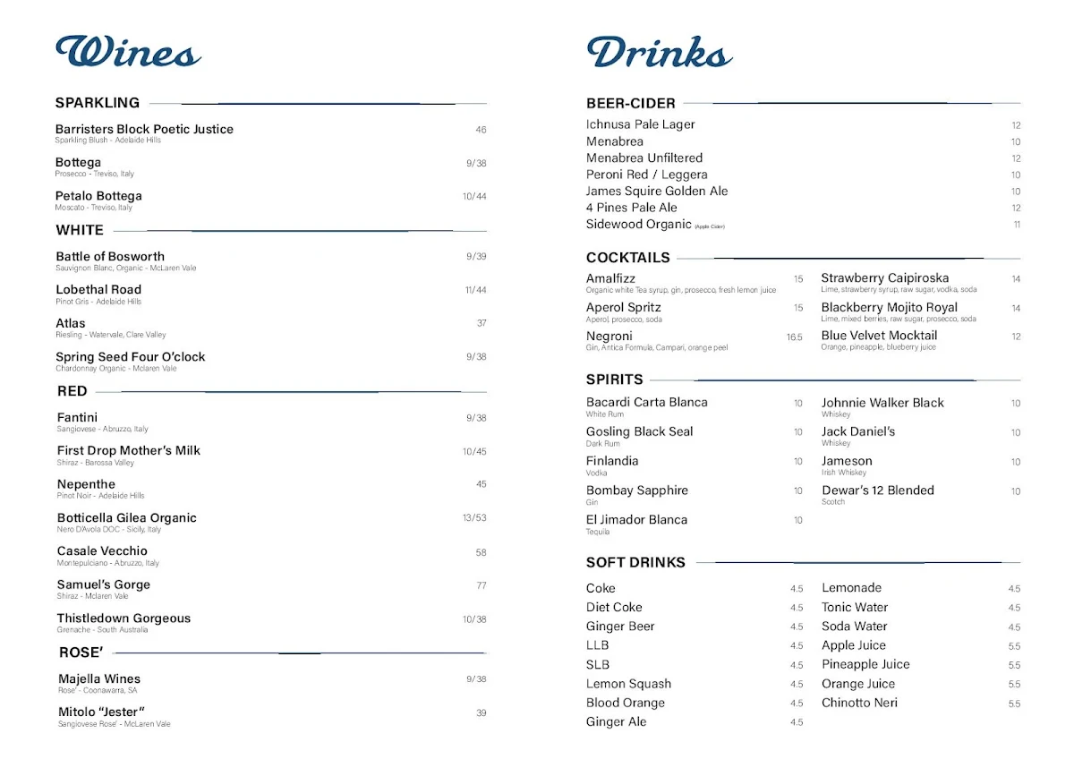 Menu, Blue Velvet Adelaide