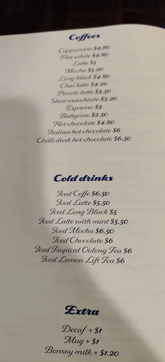 Menu, Blue Velvet Adelaide