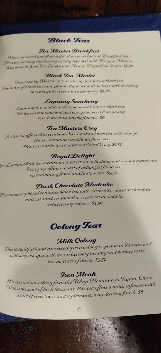 Menu, Blue Velvet Adelaide