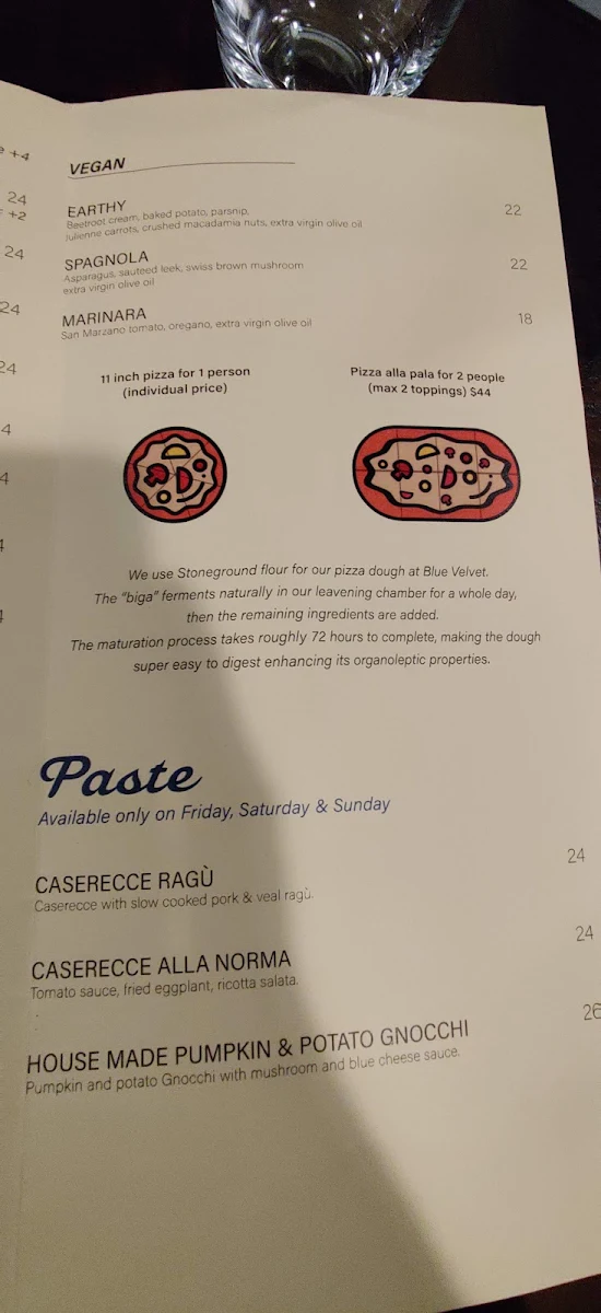 Menu, Blue Velvet Adelaide