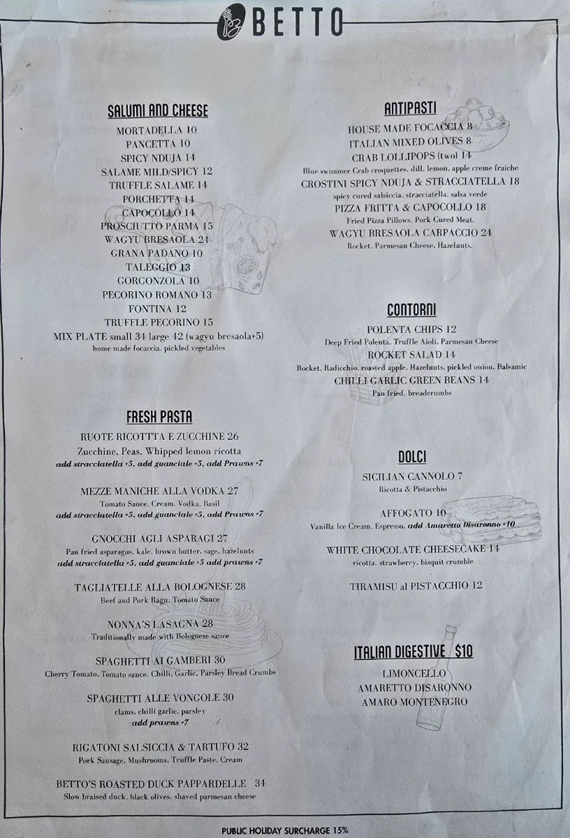 Menu, BETTO deli & cucina