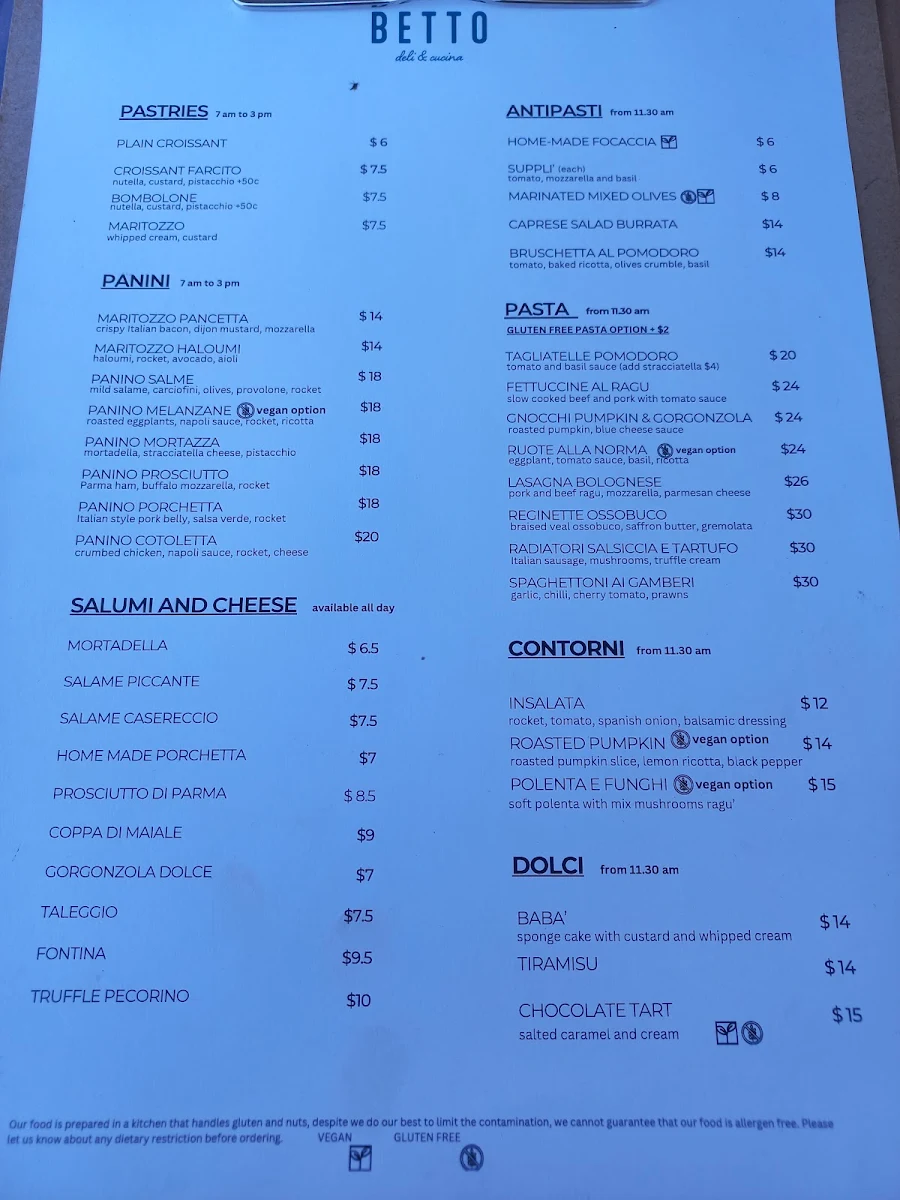 Menu, BETTO deli & cucina