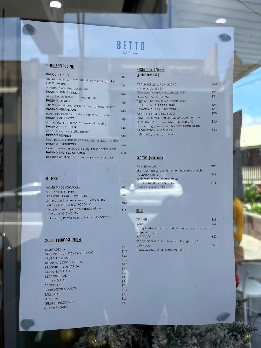 Menu, BETTO deli & cucina