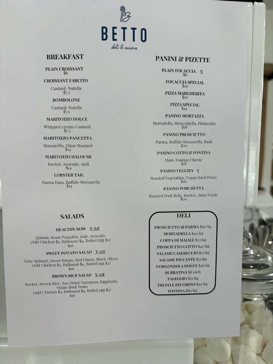 Menu, BETTO deli & cucina