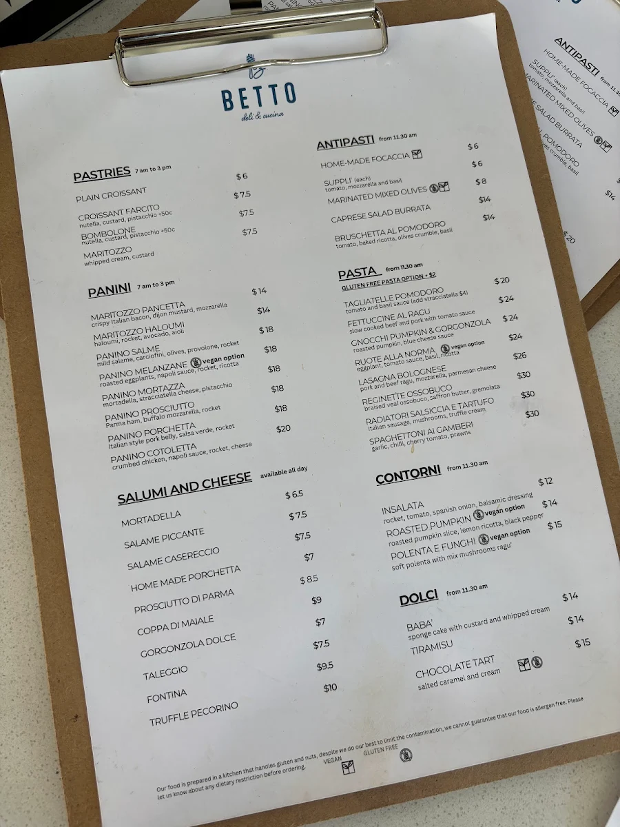 Menu, BETTO deli & cucina