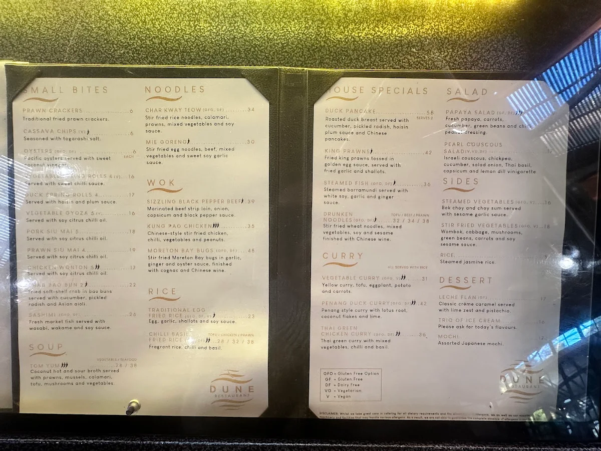 Menu, Dune Restaurant