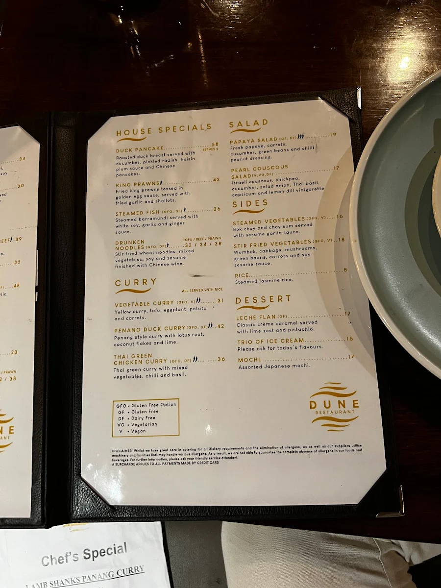 Menu, Dune Restaurant
