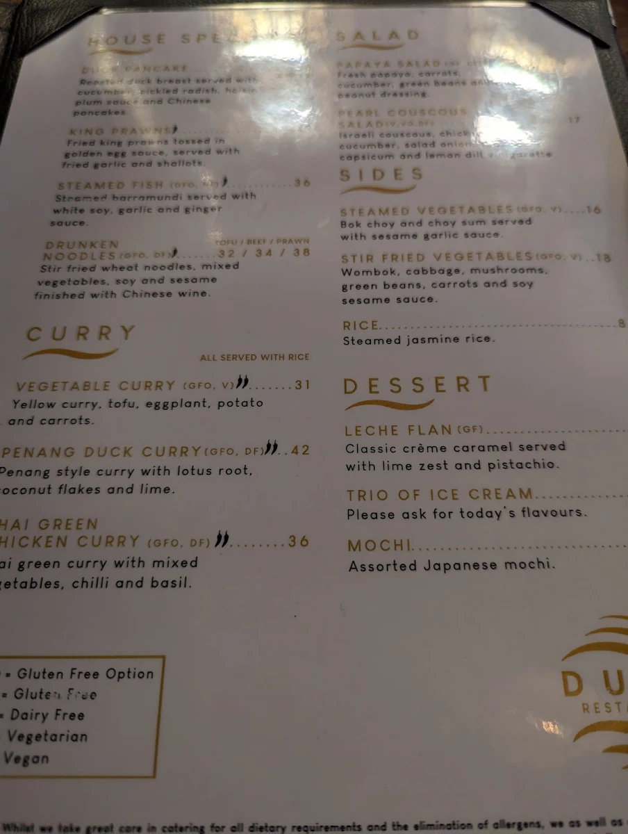 Menu, Dune Restaurant