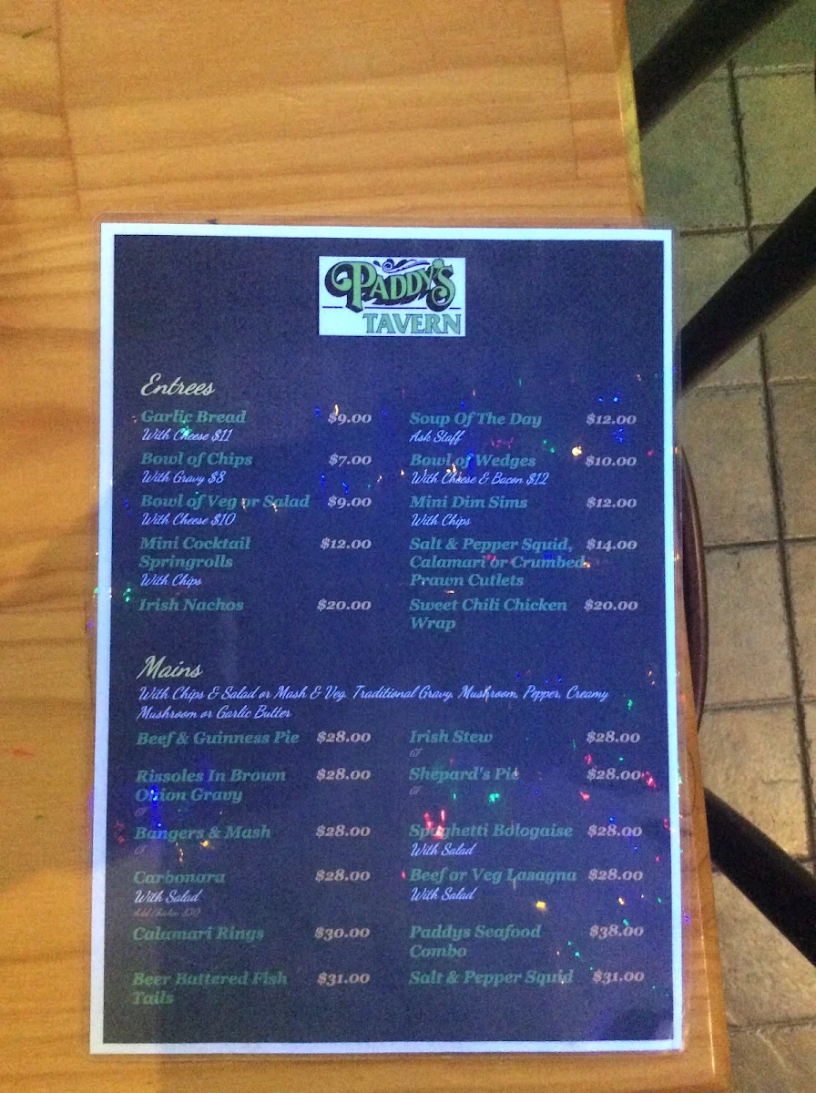 Menu, Paddys Tavern Ferntree Gully
