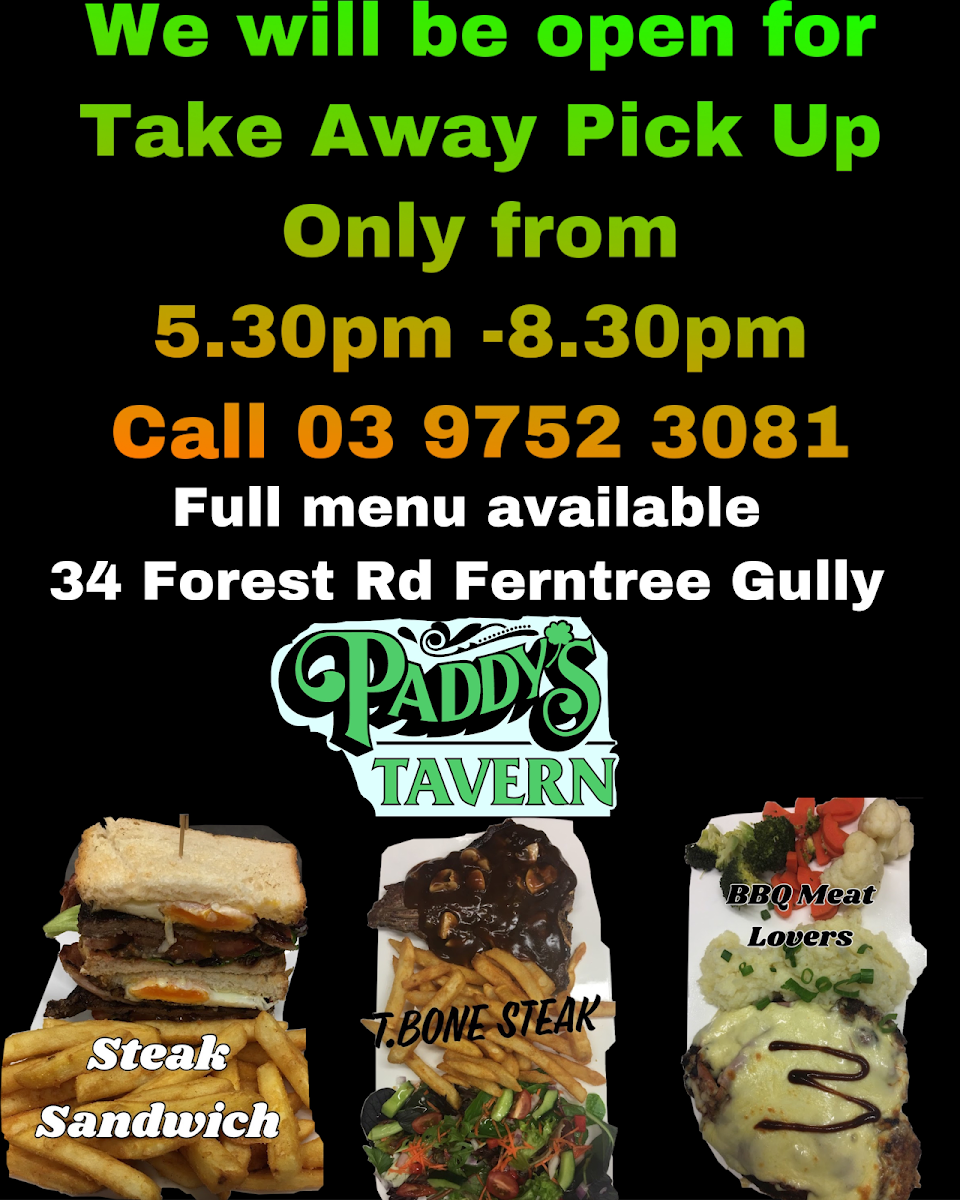 Menu, Paddys Tavern Ferntree Gully
