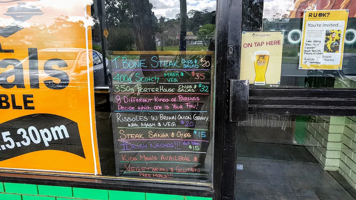 Menu, Paddys Tavern Ferntree Gully