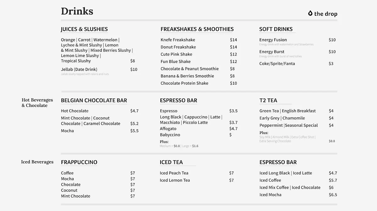 Menu, The Drop Cafe