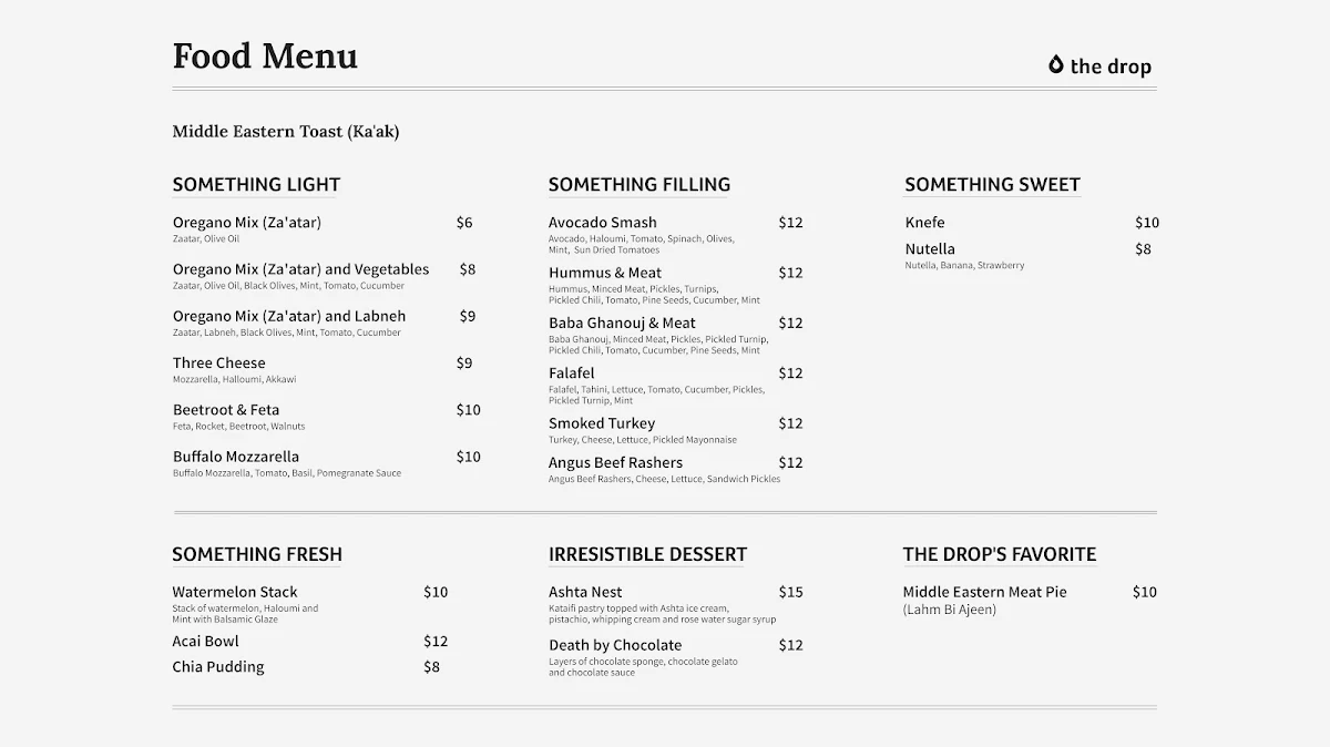 Menu, The Drop Cafe