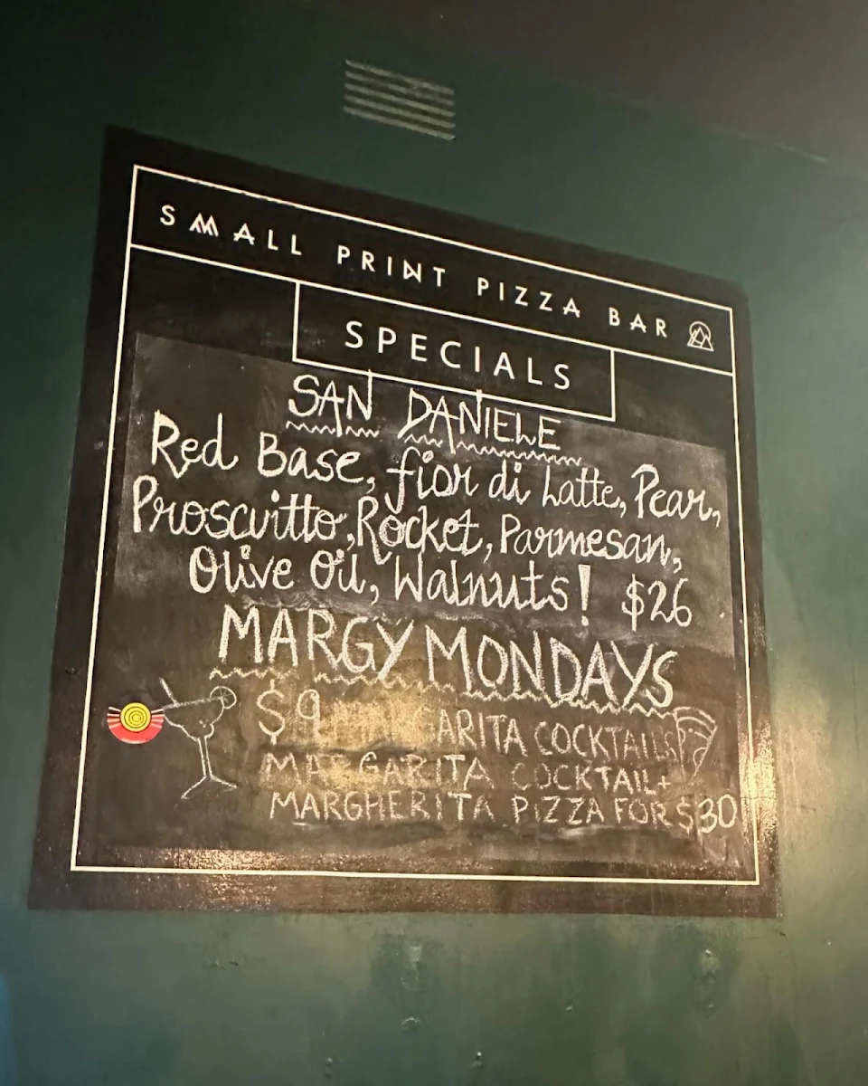 Menu, Small Print Pizza Bar