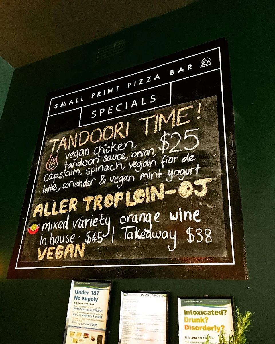Menu, Small Print Pizza Bar