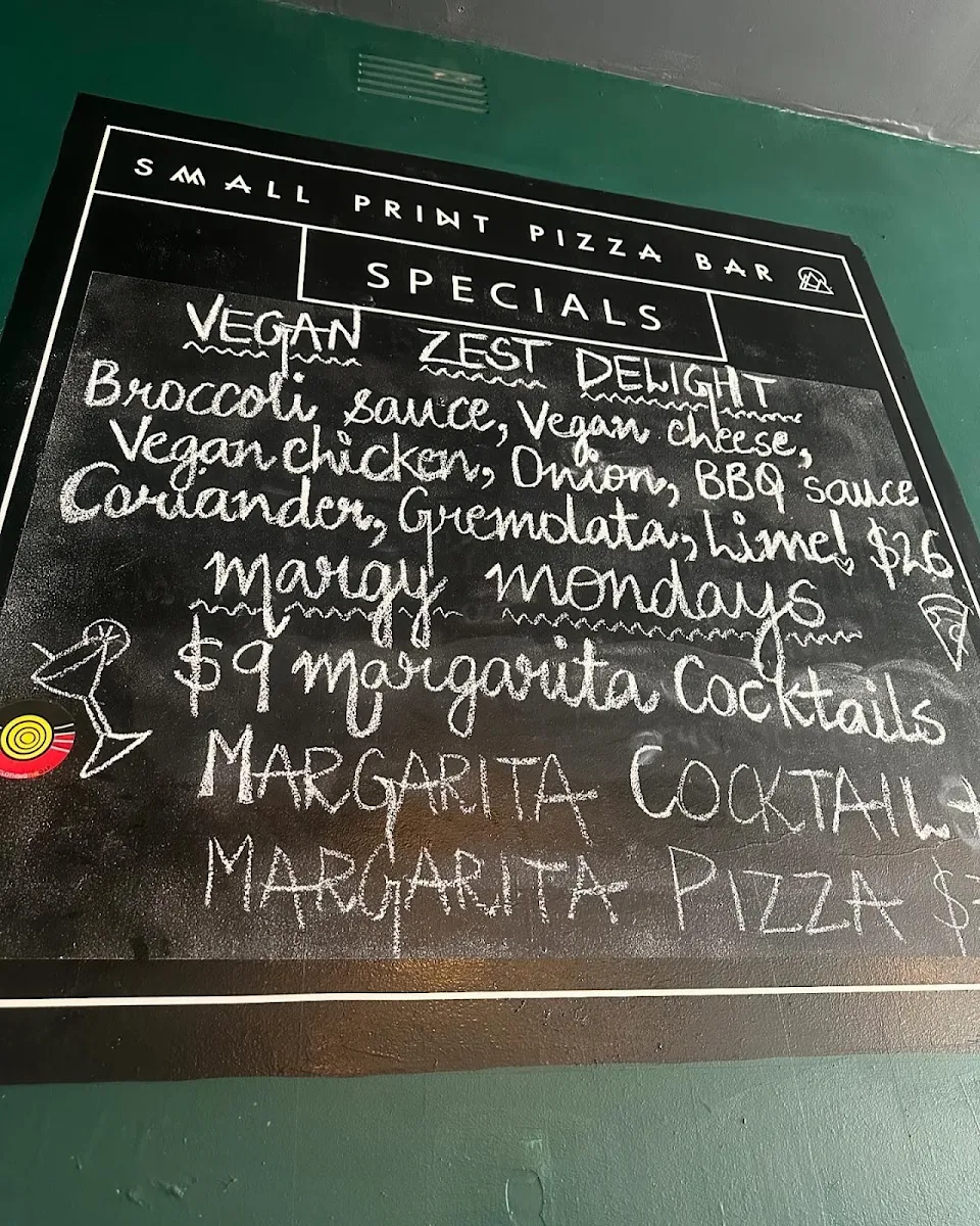 Menu, Small Print Pizza Bar