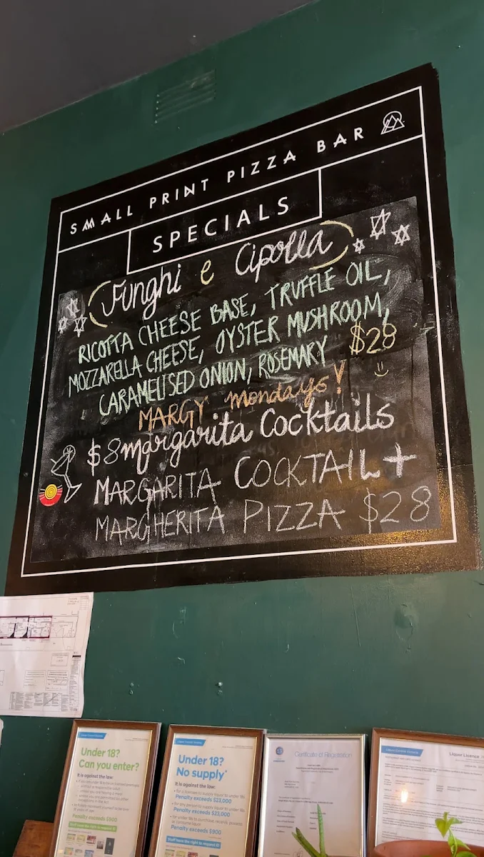 Menu, Small Print Pizza Bar