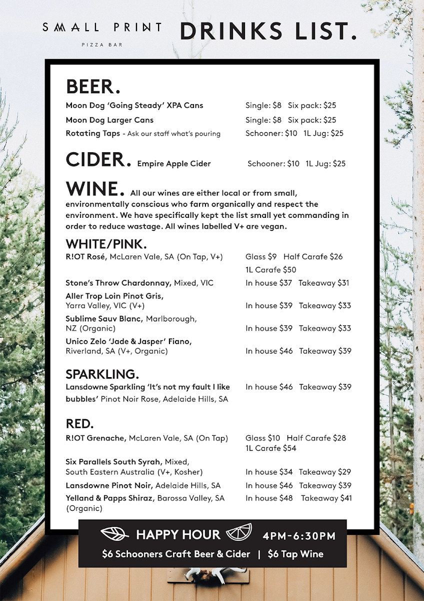 Menu, Small Print Pizza Bar