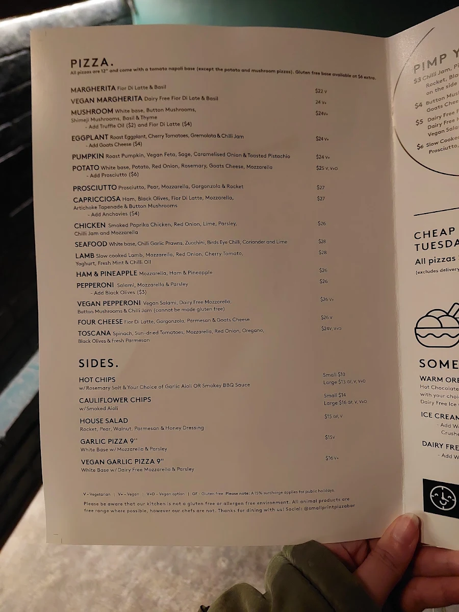 Menu, Small Print Pizza Bar