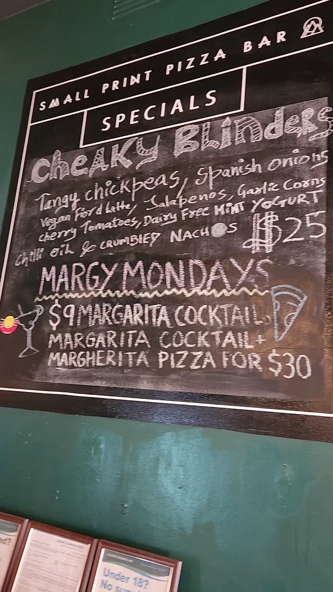 Menu, Small Print Pizza Bar