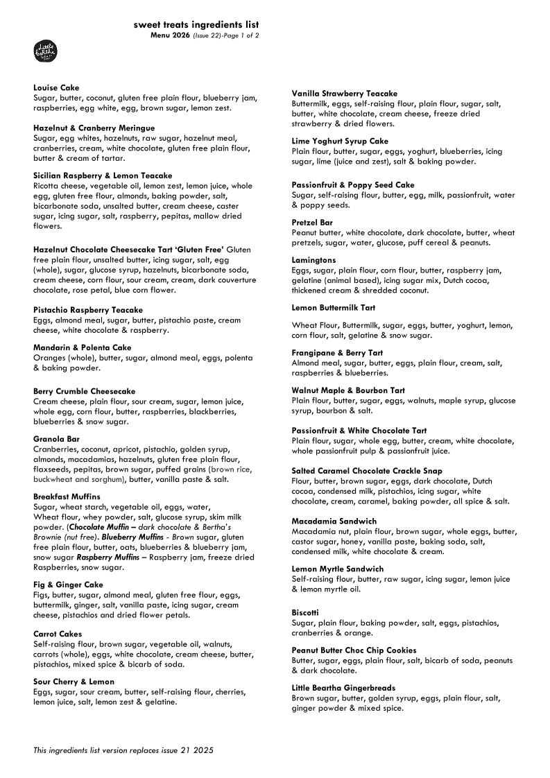 Menu, Little Bertha