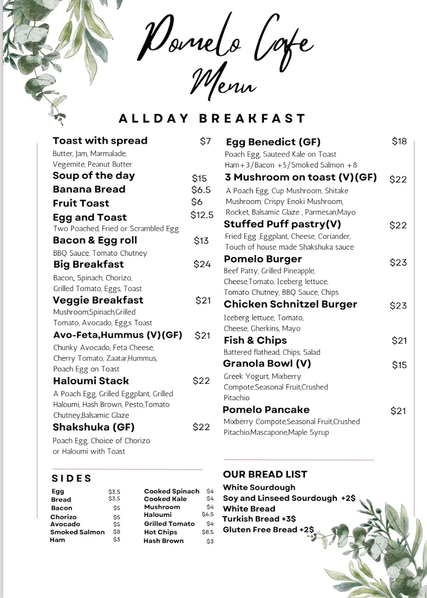 Menu, Pomelo Cafe