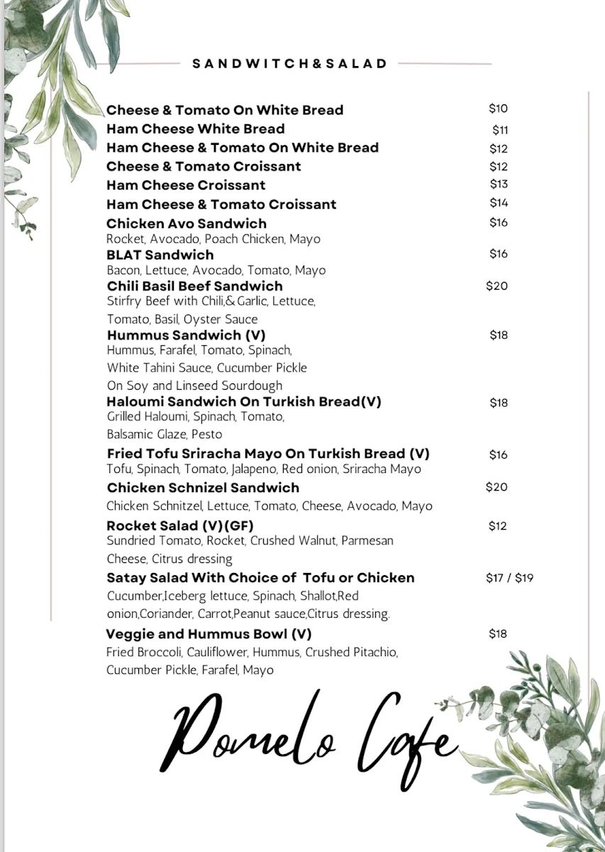 Menu, Pomelo Cafe
