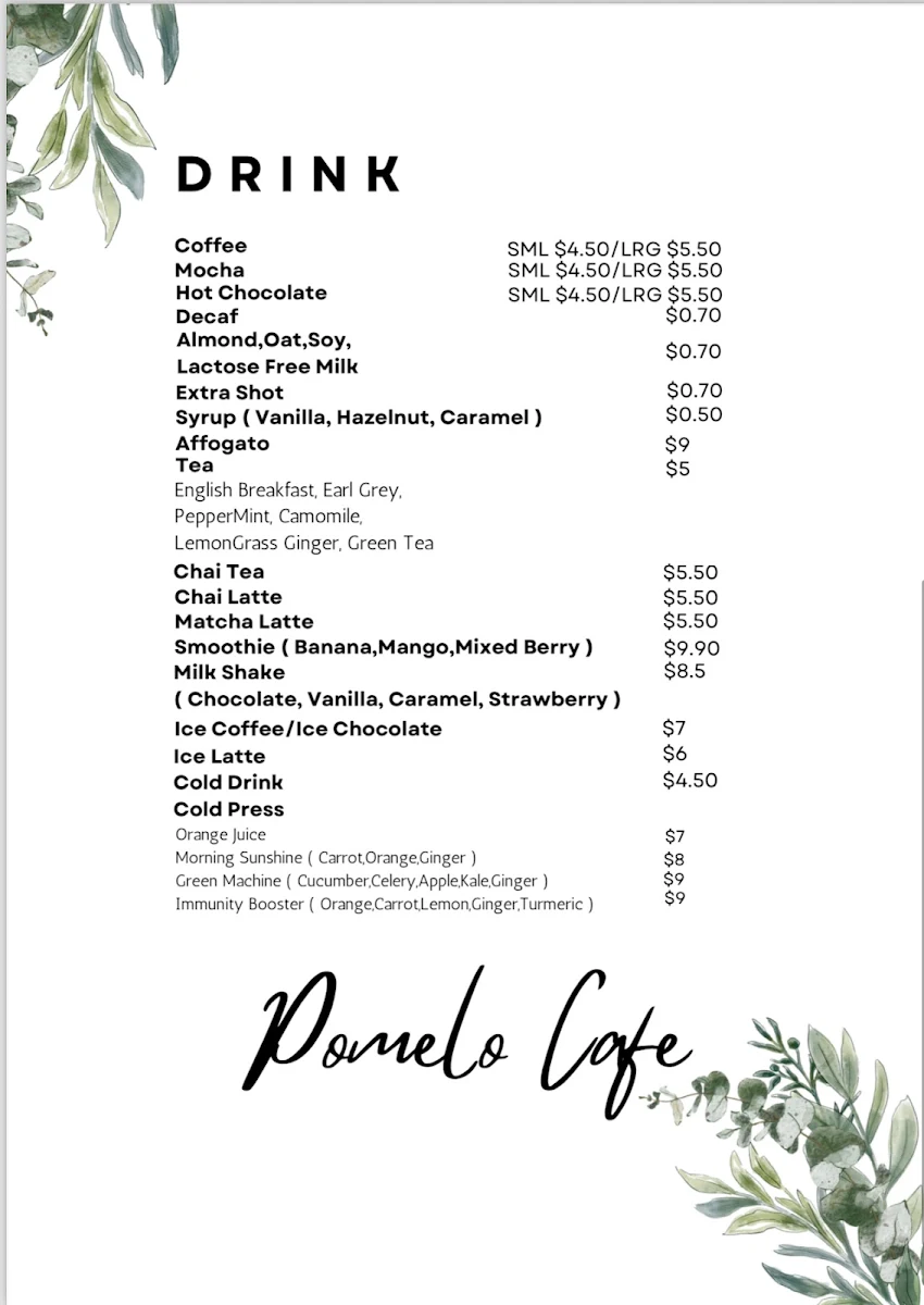 Menu, Pomelo Cafe