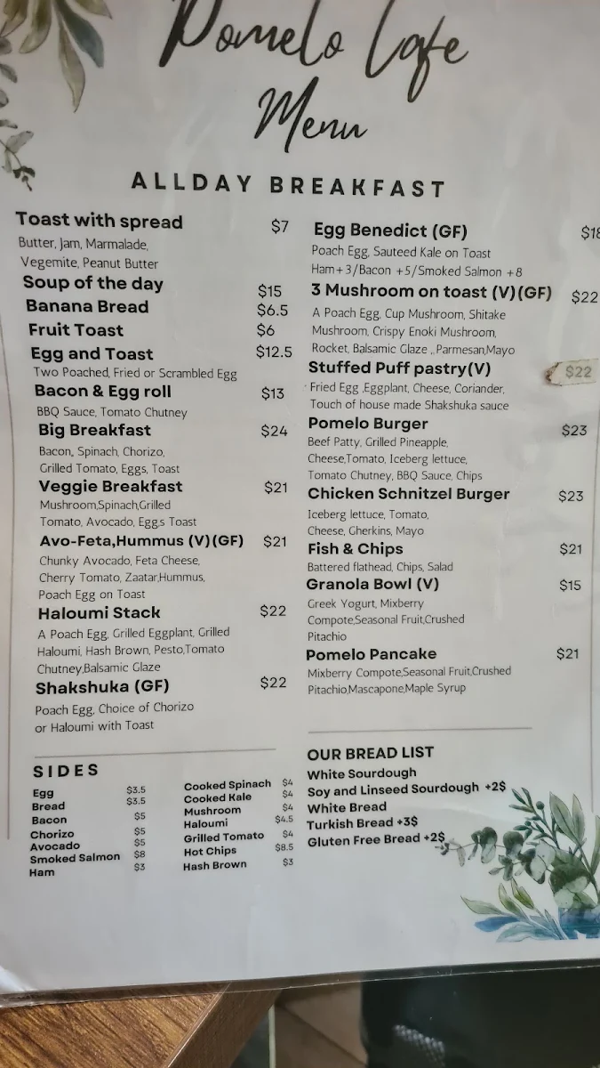 Menu, Pomelo Cafe