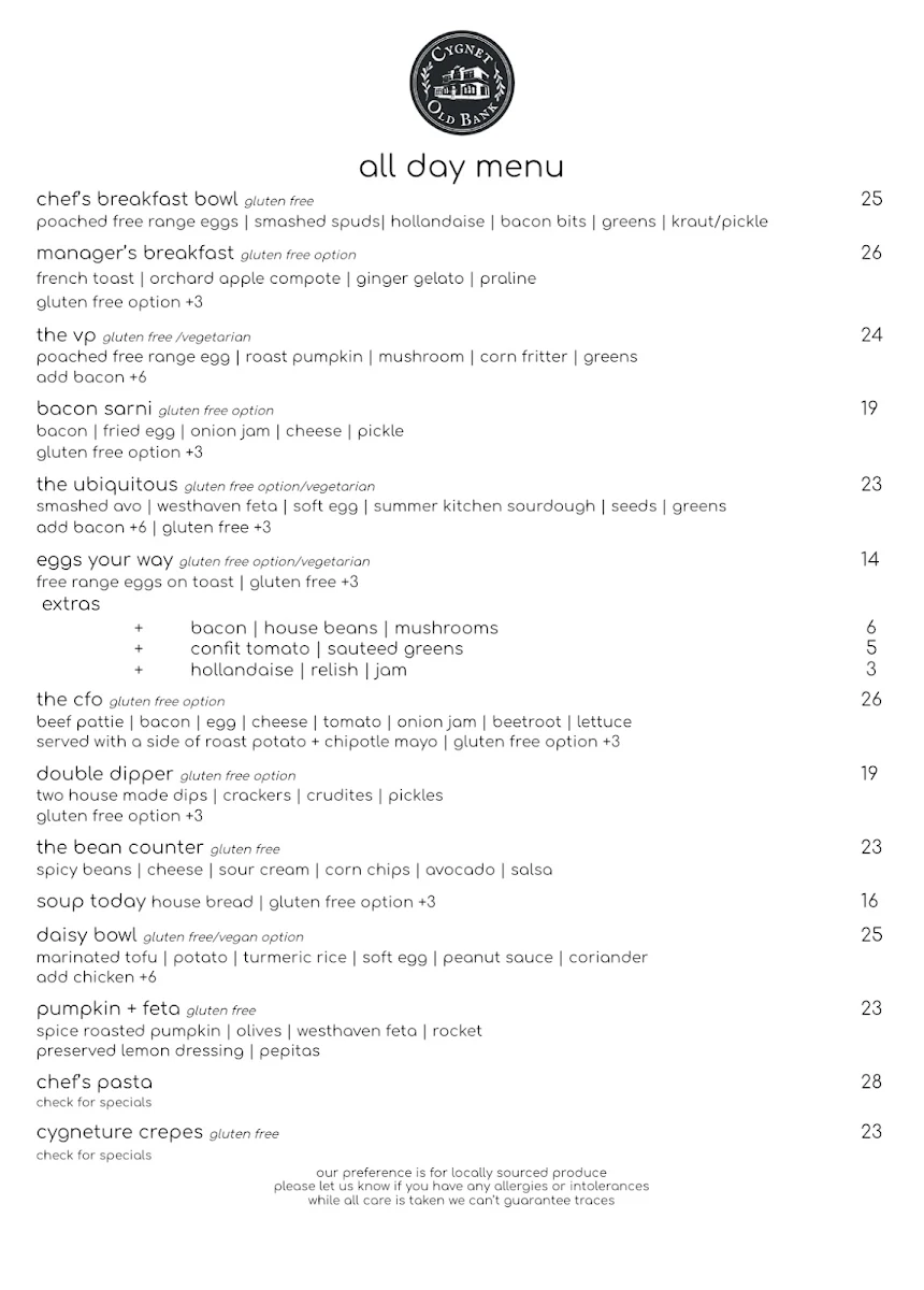 Menu, Cygnet Old Bank Bed and Breakfast
