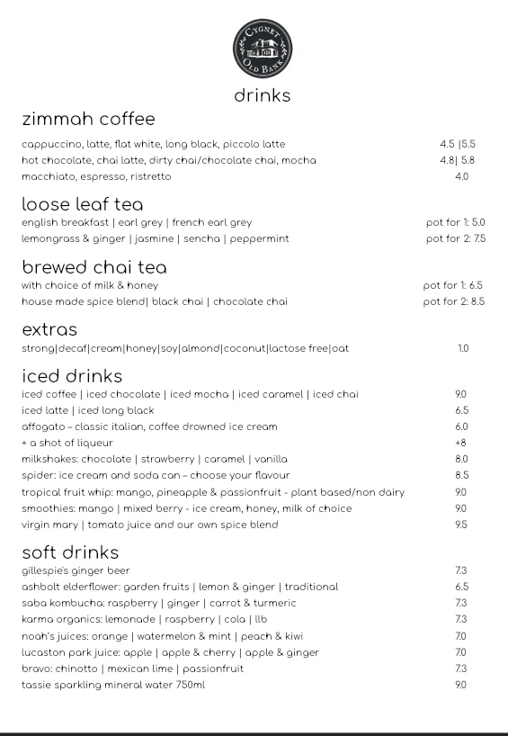 Menu, Cygnet Old Bank Bed and Breakfast