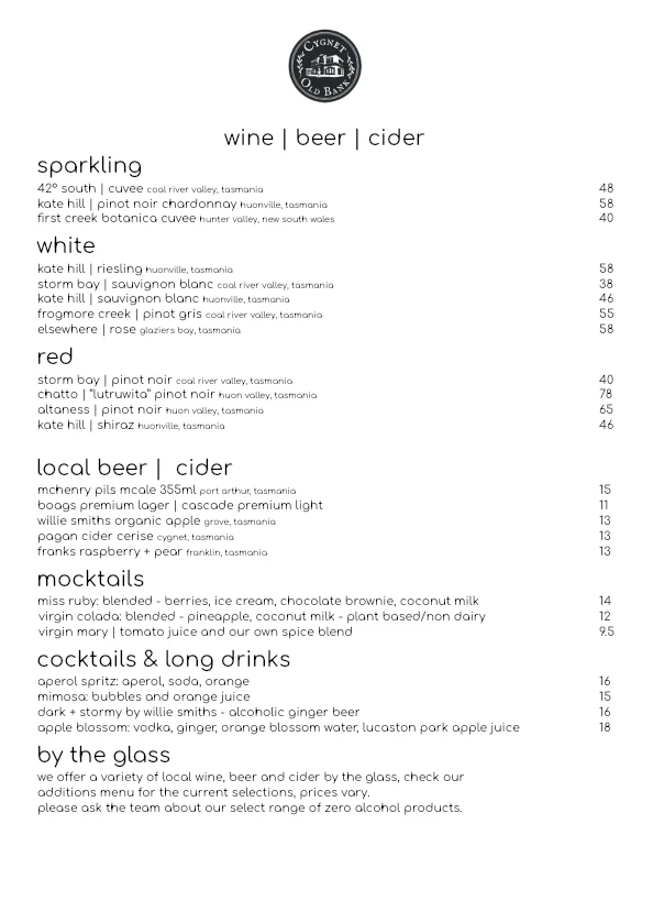 Menu, Cygnet Old Bank Bed and Breakfast
