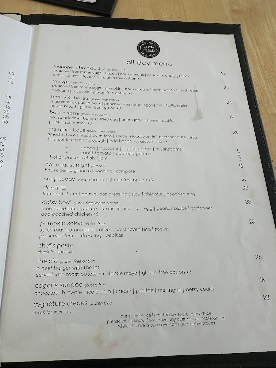 Menu, Cygnet Old Bank Bed and Breakfast