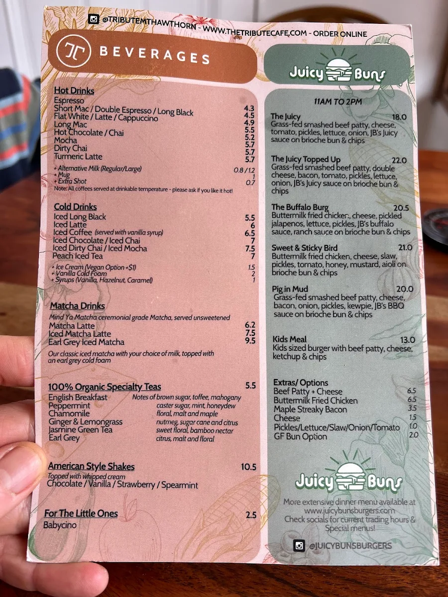 Menu, The Tribute Coffee and Kitchen Mount Hawthorn