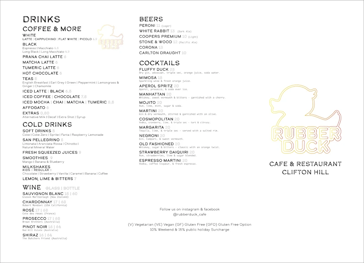 Menu, Rubber Duck Cafe