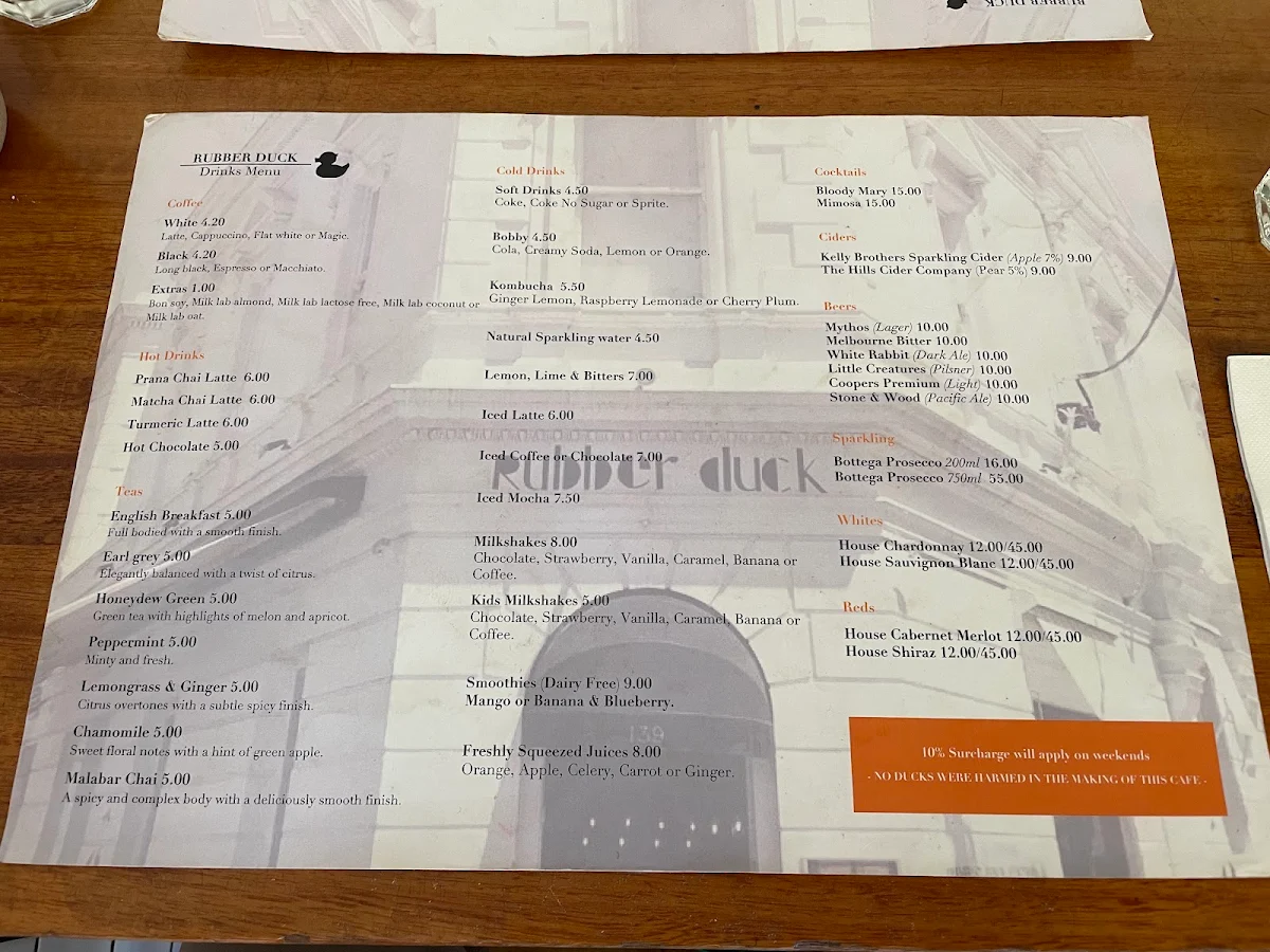 Menu, Rubber Duck Cafe