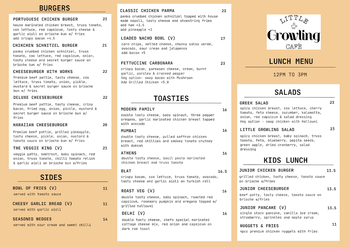 Menu, Little Growling Cafe & Restaurant