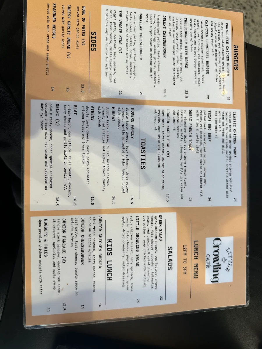 Menu, Little Growling Cafe & Restaurant
