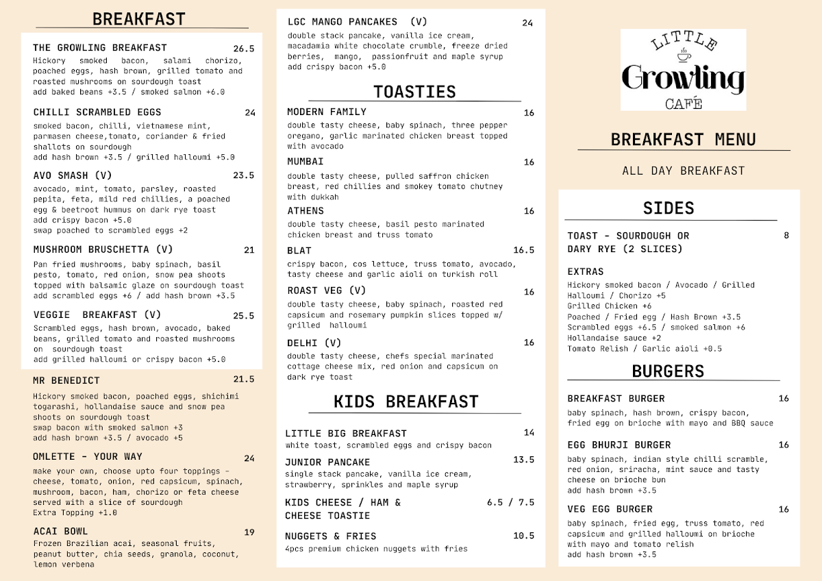 Menu, Little Growling Cafe & Restaurant