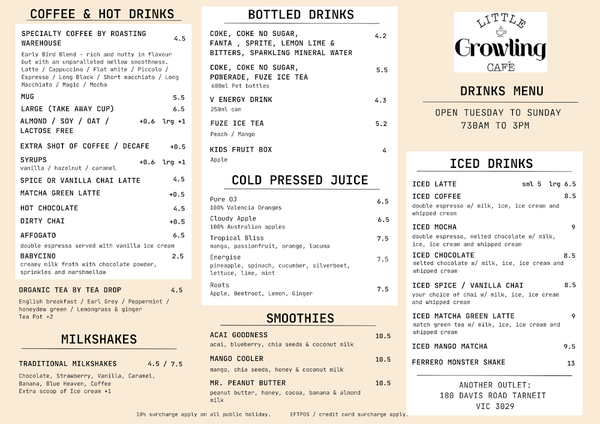 Menu, Little Growling Cafe & Restaurant