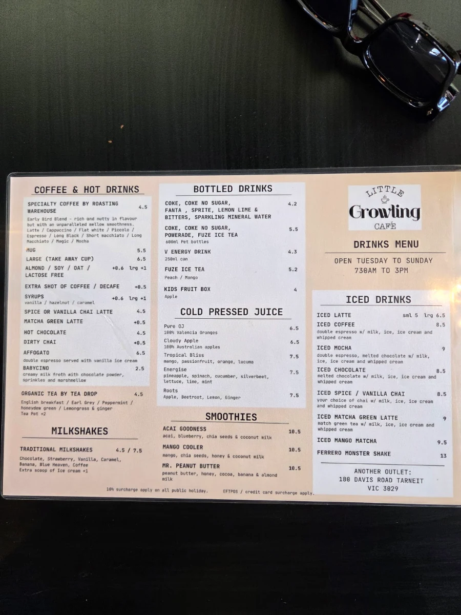 Menu, Little Growling Cafe & Restaurant