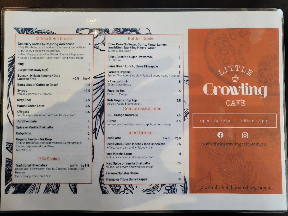 Menu, Little Growling Cafe & Restaurant